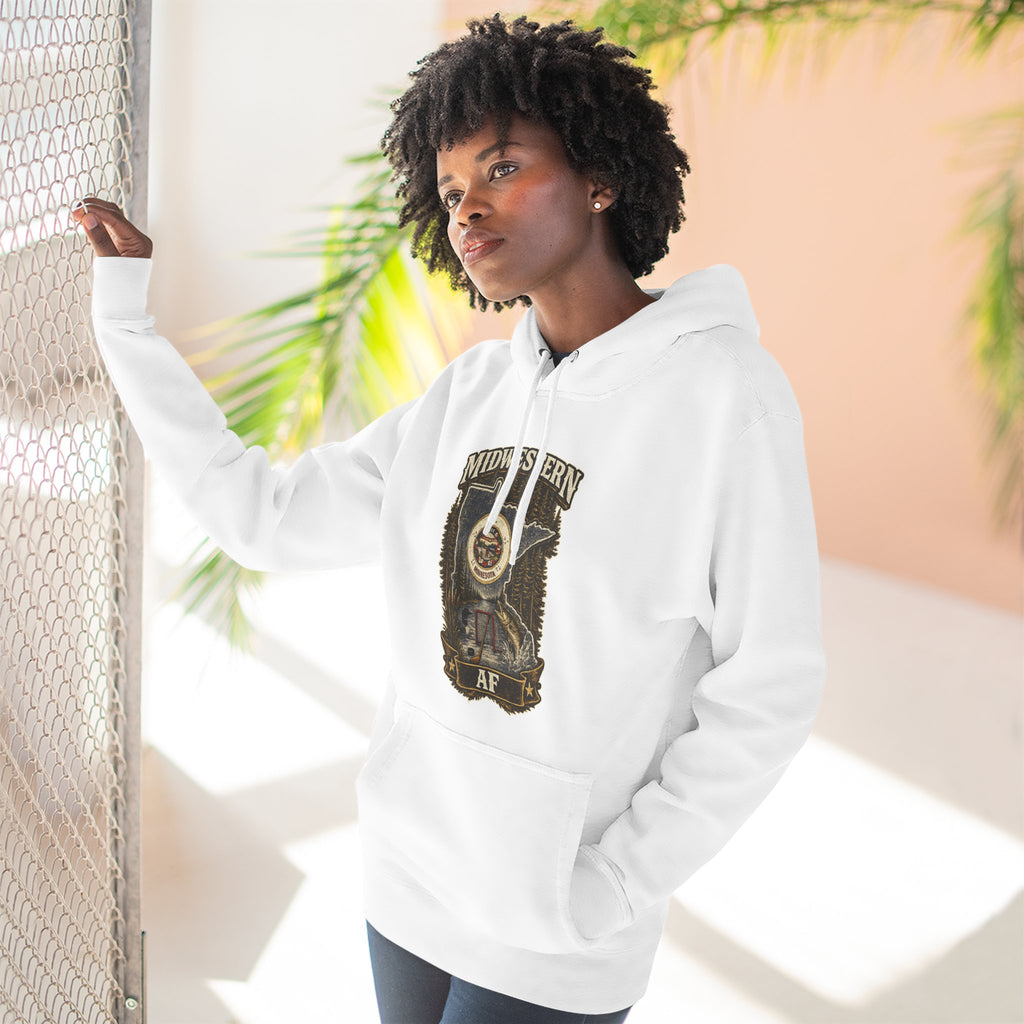 Family Friendly Midwestern AF Minnesota Hoodie – product photo 5 featuring the distressed state flag, pine trees, loon and walleye design