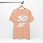 Heather Peach 50 AF birthday tee on a wooden hanger showing the white front print