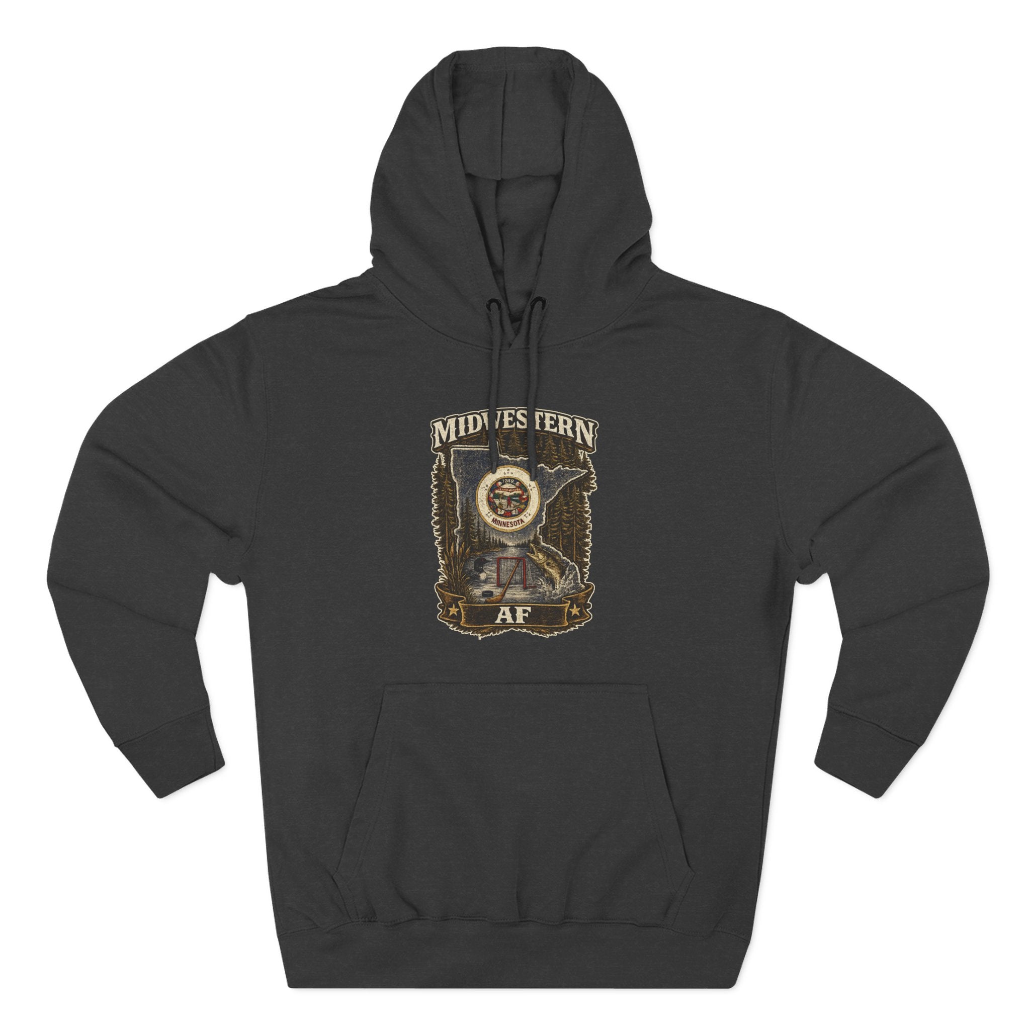 Family Friendly Midwestern AF Minnesota Hoodie in Charcoal Heather – distressed Minnesota state flag design with pine trees, loon and walleye