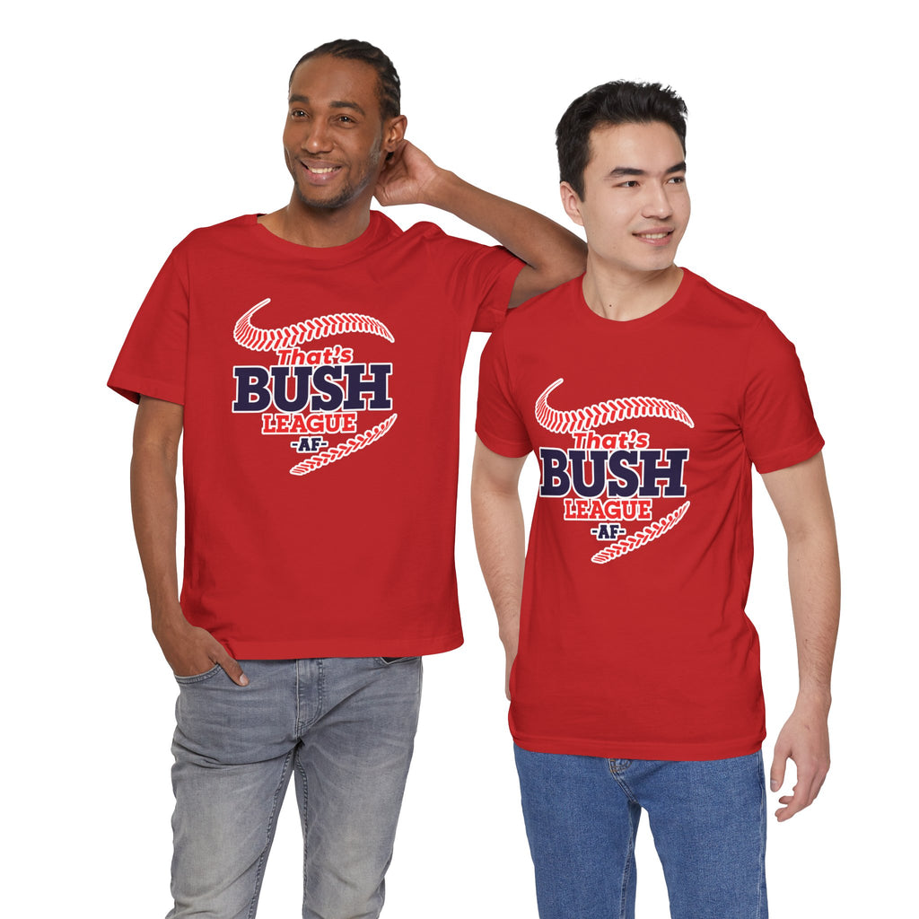 Two men wearing the Red Bush League AF baseball tee, front print at full size