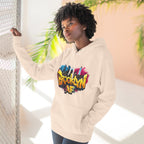 Sandshell hoodie worn by a female model, front view, showing the colorful graffiti-style Brooklyn AF skyline print.