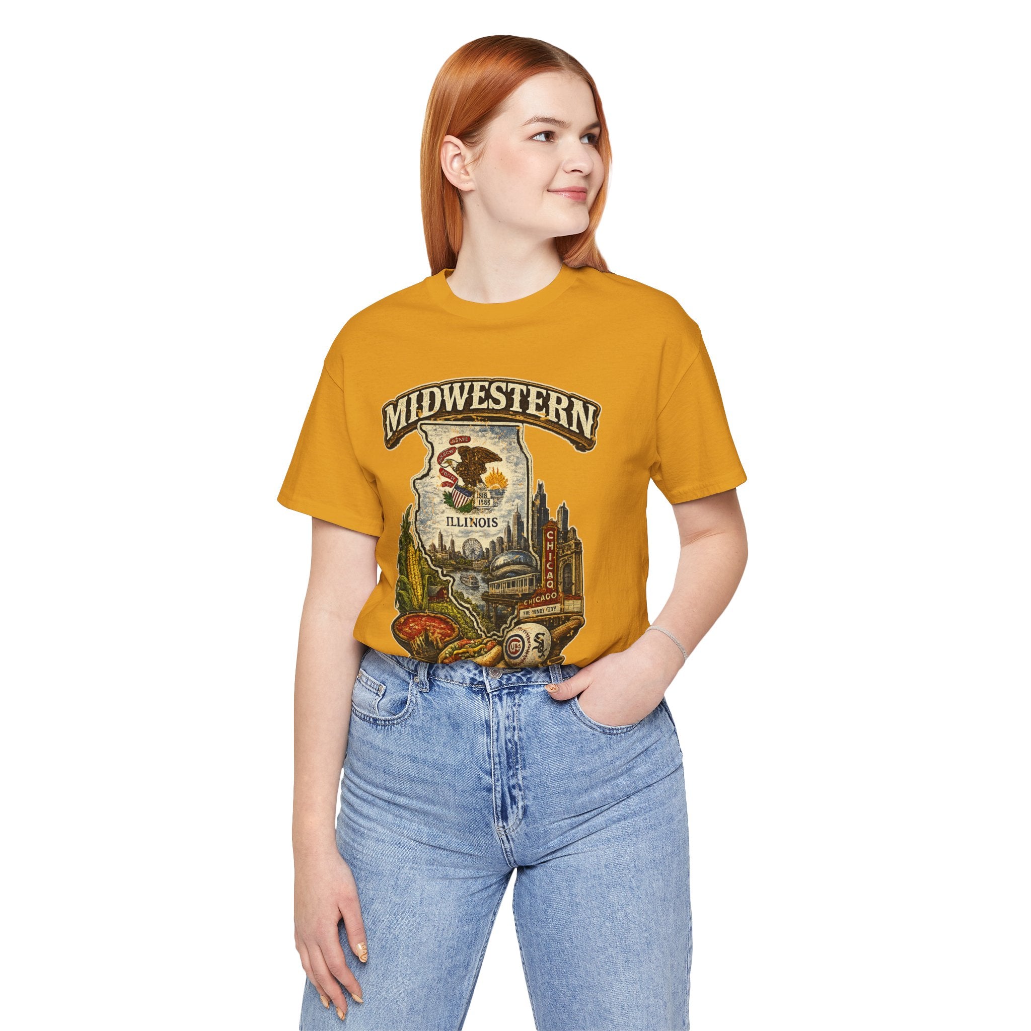 Family Friendly Midwestern AF Illinois T-Shirt – product photo 10 featuring a distressed vintage design featuring the Illinois state outline overlaid with the state flag, surrounded by the Chicago skyline, the Chicago Theatre sign, The Bean, deep-dish pizza, a Chicago-style hot dog, and towering corn fields