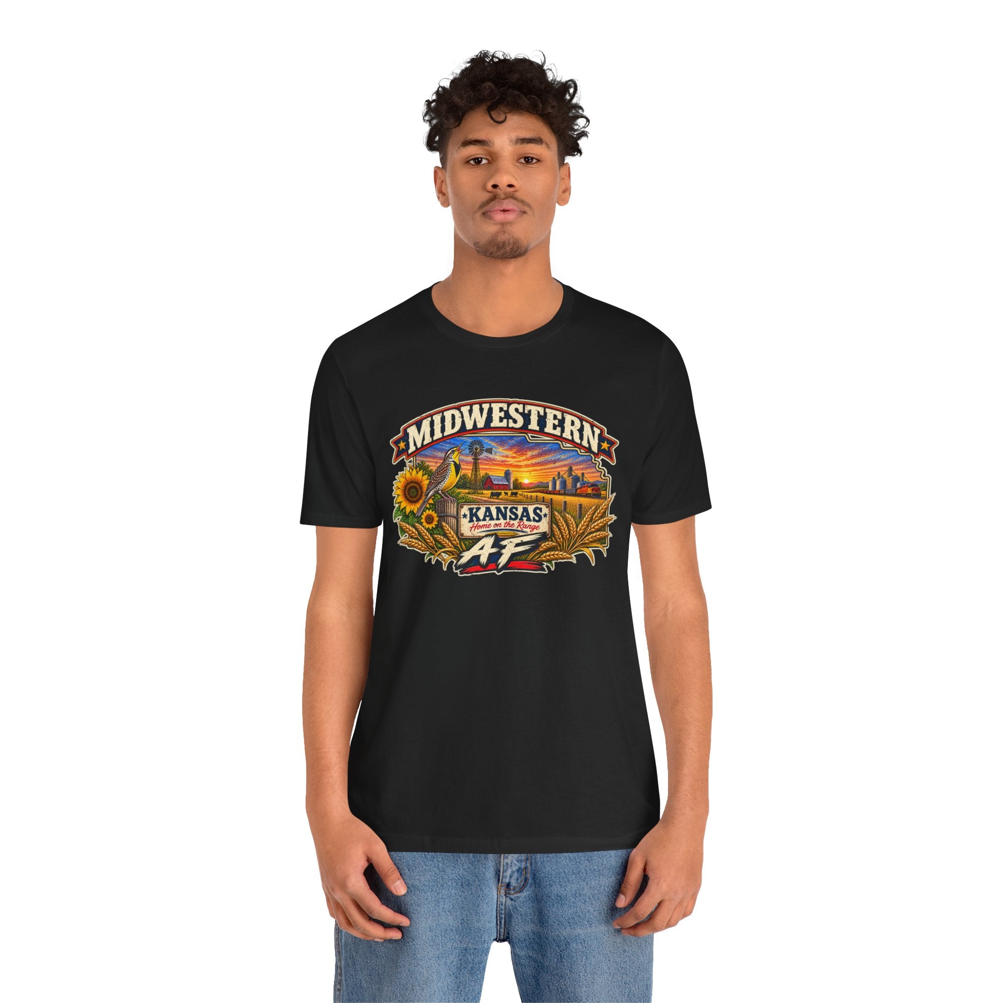 Man wearing the black Kansas AF T-shirt with the Sunflower State front print