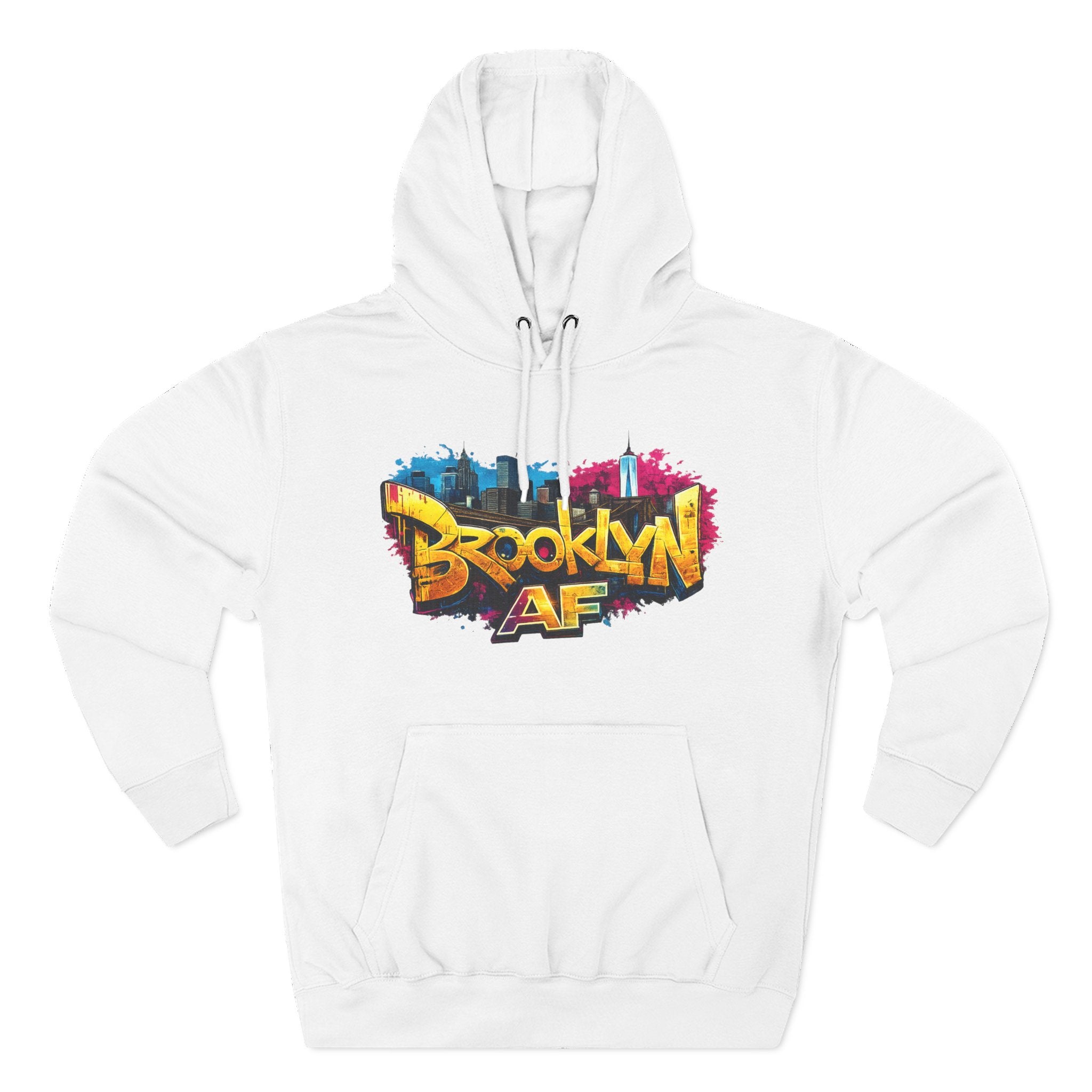 White hoodie, flat lay front view, with colorful graffiti-style Brooklyn AF lettering and NYC skyline paint-splash print.