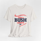Vintage White Bush League AF tee draped flat, showing the full front print