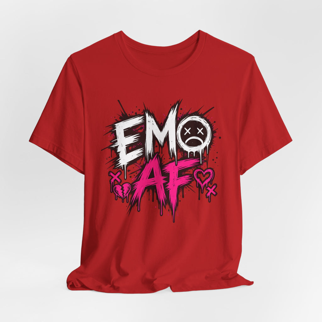Red EMO AF tee draped flat, the full front graphic in white and hot pink