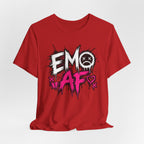 Red EMO AF tee draped flat, the full front graphic in white and hot pink