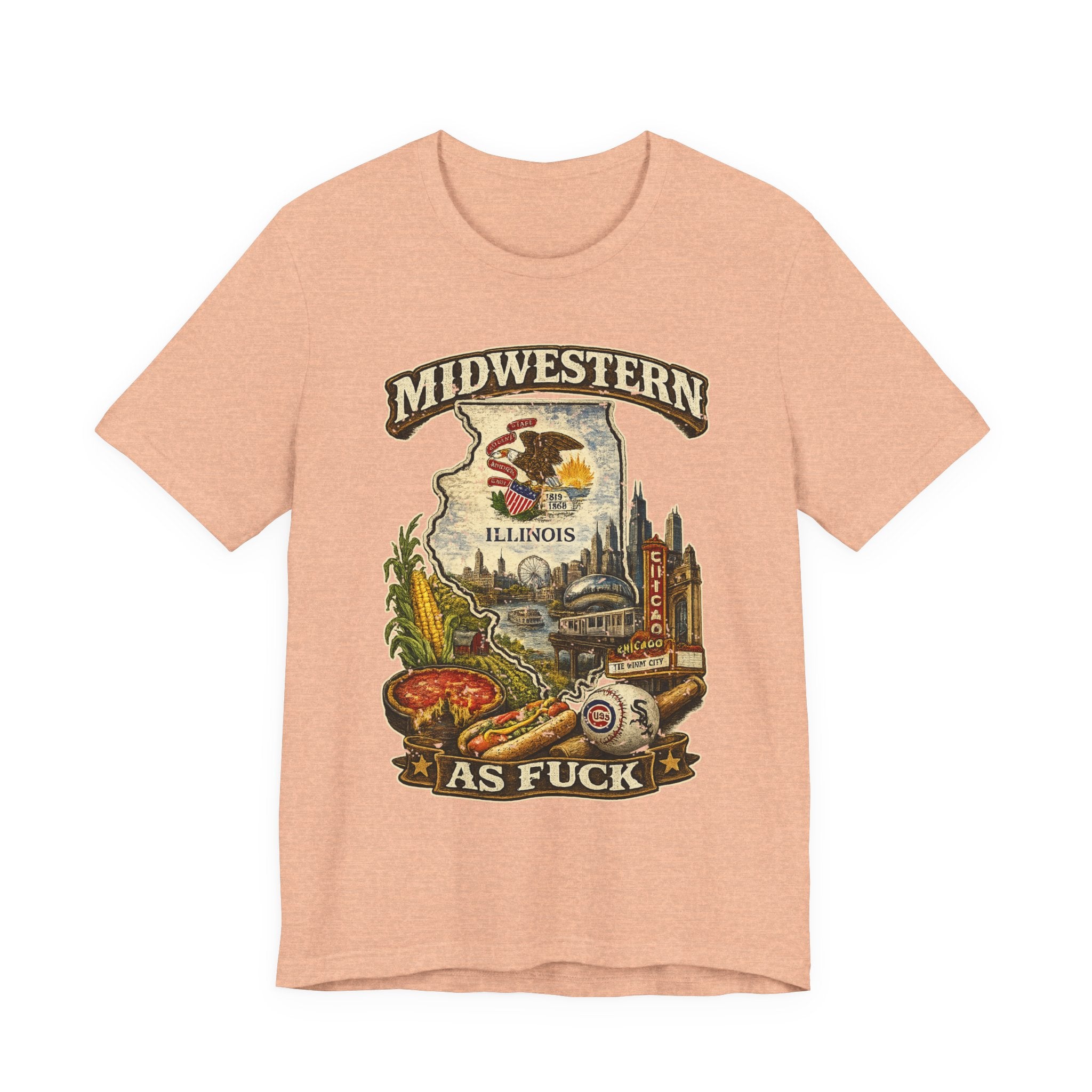 Midwestern As Fuck Illinois T-Shirt in Heather Peach – a distressed vintage design featuring the Illinois state outline overlaid with the state flag, surrounded by the Chicago skyline, the Chicago Theatre sign, The Bean, deep-dish pizza, a Chicago-style hot dog, and towering corn fields