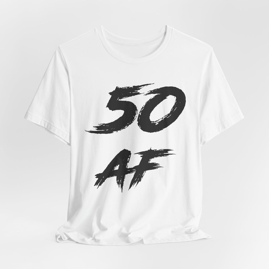 White birthday t-shirt laid flat and rumpled with the black 50 AF print