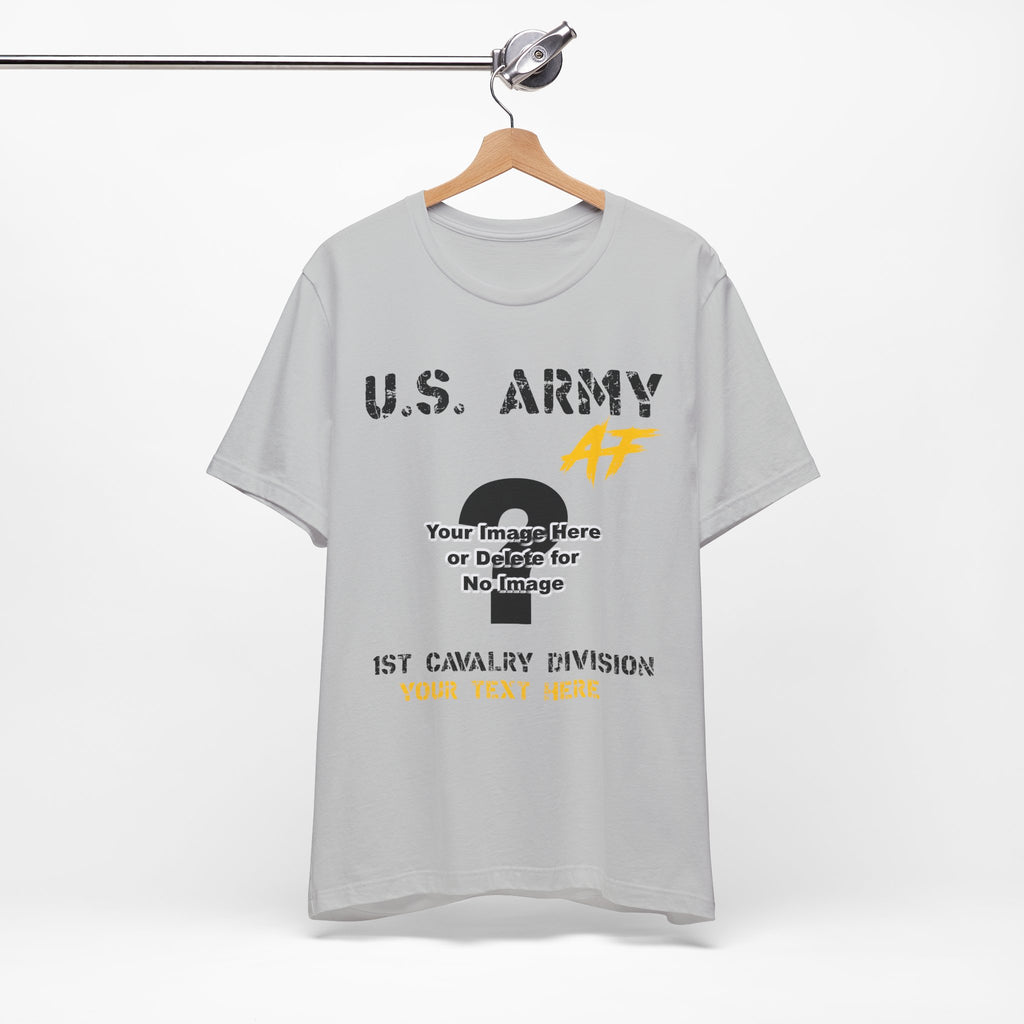 Personalized U.S. Army AF T-shirt in Solid Athletic Grey on a wooden hanger