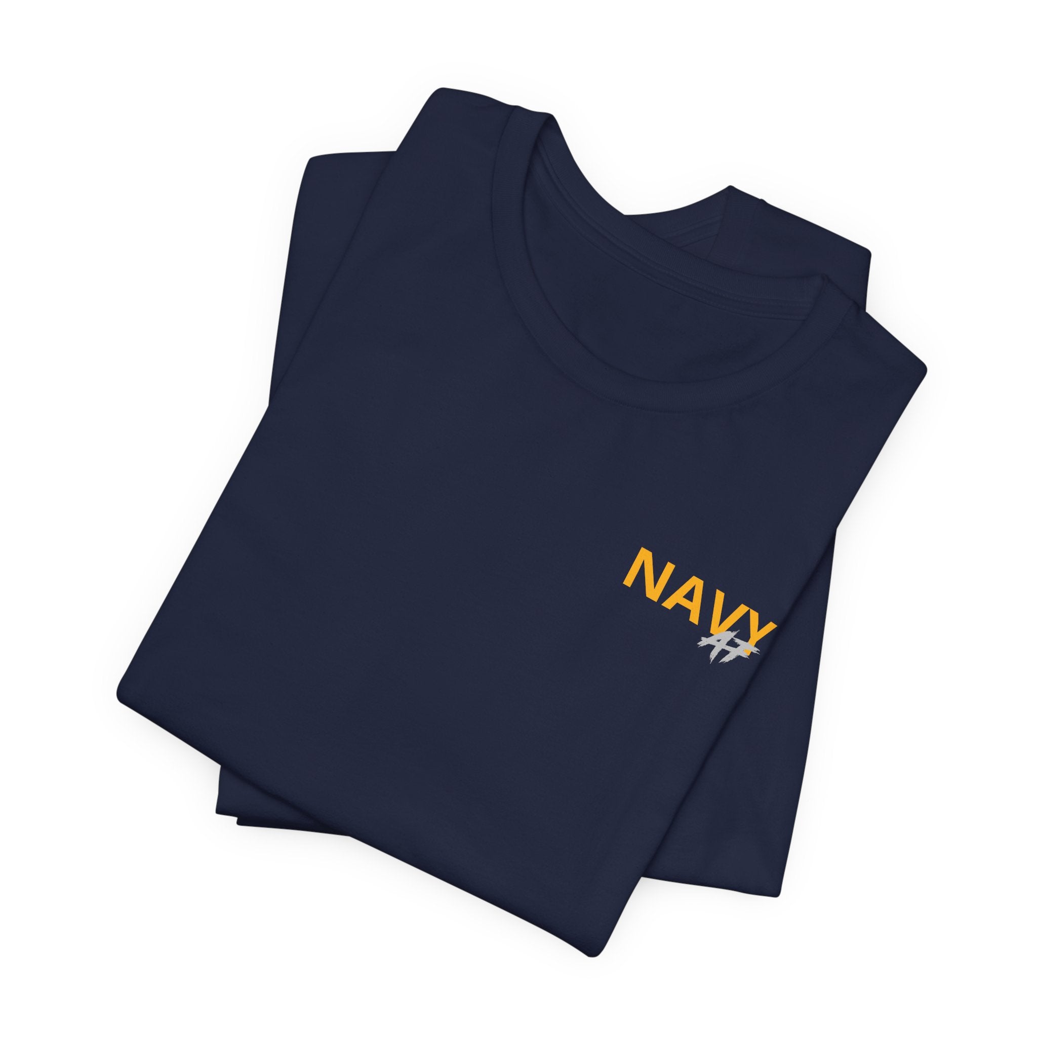 Navy veteran T-shirt in Navy shown folded with the personalized gold NAVY chest print