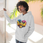 Heather Grey hoodie worn by a female model, front view, showing the colorful graffiti-style Brooklyn AF skyline print.