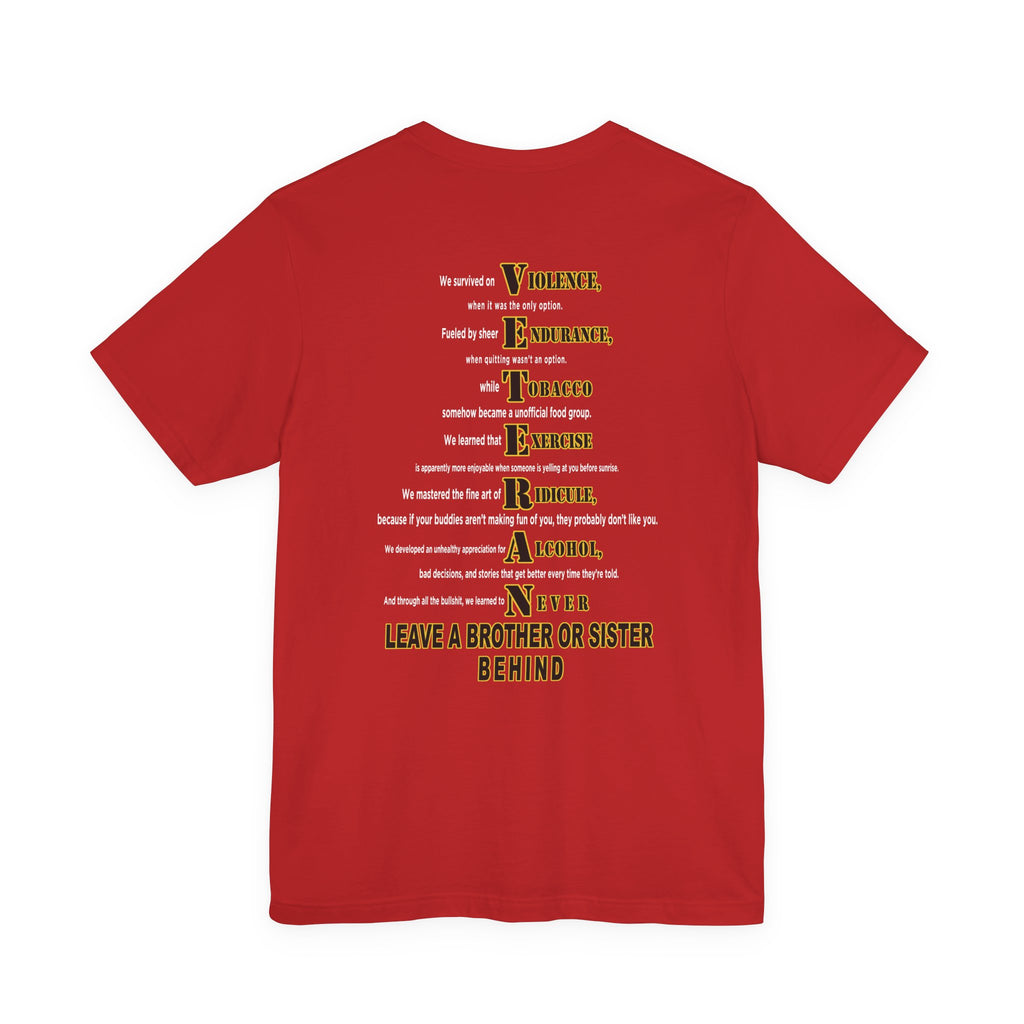 Army veteran T-shirt in Red showing the VETERAN acrostic back print in gold and white