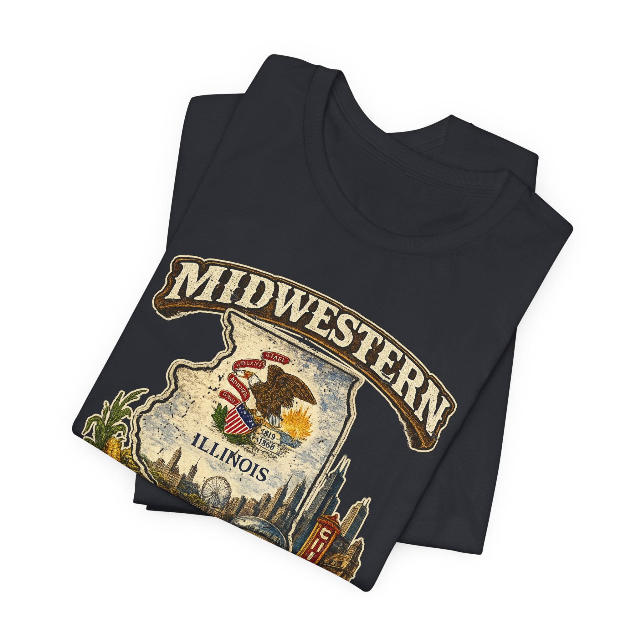 Slightly Salty Midwestern As F**K Illinois T-Shirt – product photo 27 featuring a distressed vintage design featuring the Illinois state outline overlaid with the state flag, surrounded by the Chicago skyline, the Chicago Theatre sign, The Bean, deep-dish pizza, a Chicago-style hot dog, and towering corn fields