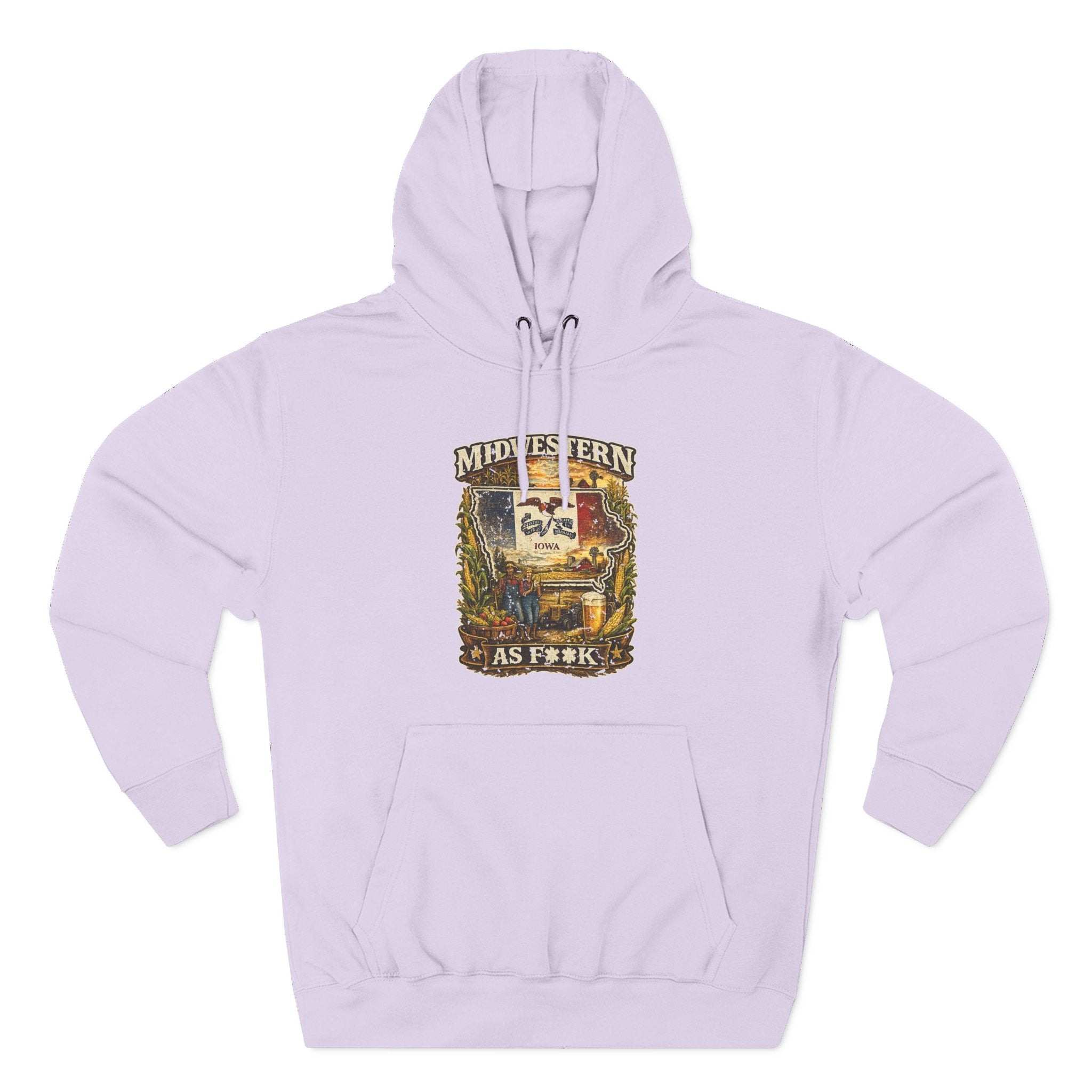 Slightly Salty Midwestern As F**K Iowa Hoodie in Lilac – a distressed vintage design featuring the outline of Iowa overlaid with the Iowa state flag, surrounded by towering corn stalks, rolling farmland, a classic red barn, a windmill, a tractor, and an overflowing harvest basket