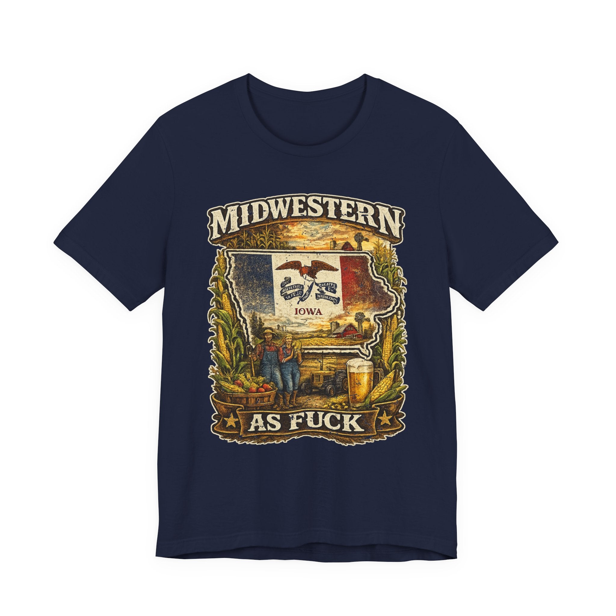 Midwestern As Fuck Iowa T-Shirt in Navy – a distressed vintage design featuring the outline of Iowa overlaid with the Iowa state flag, surrounded by towering corn stalks, rolling farmland, a classic red barn, a windmill, a tractor, and an overflowing harvest basket