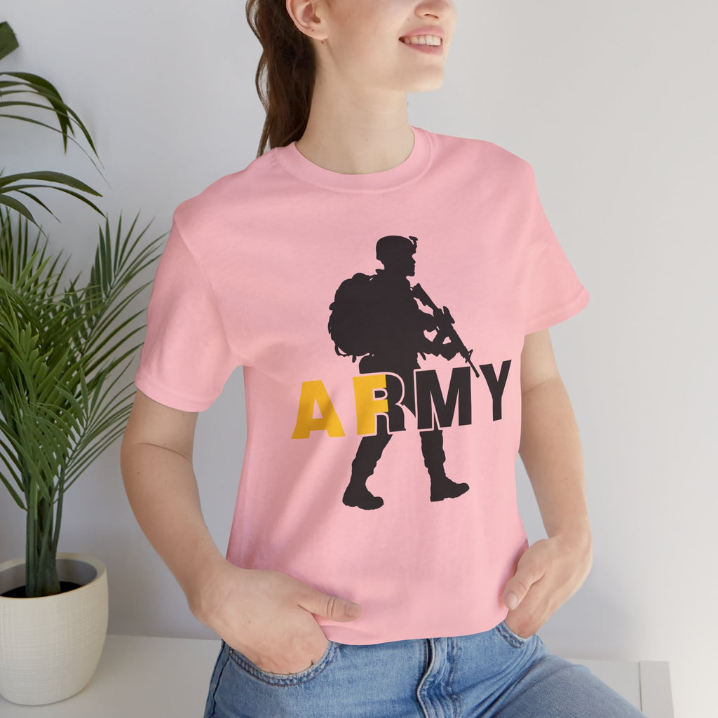 Close view of the pink Army AF tee on a model beside a houseplant, soldier silhouette on the chest