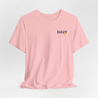 Navy veteran T-shirt in Pink shown draped with the personalized NAVY chest print