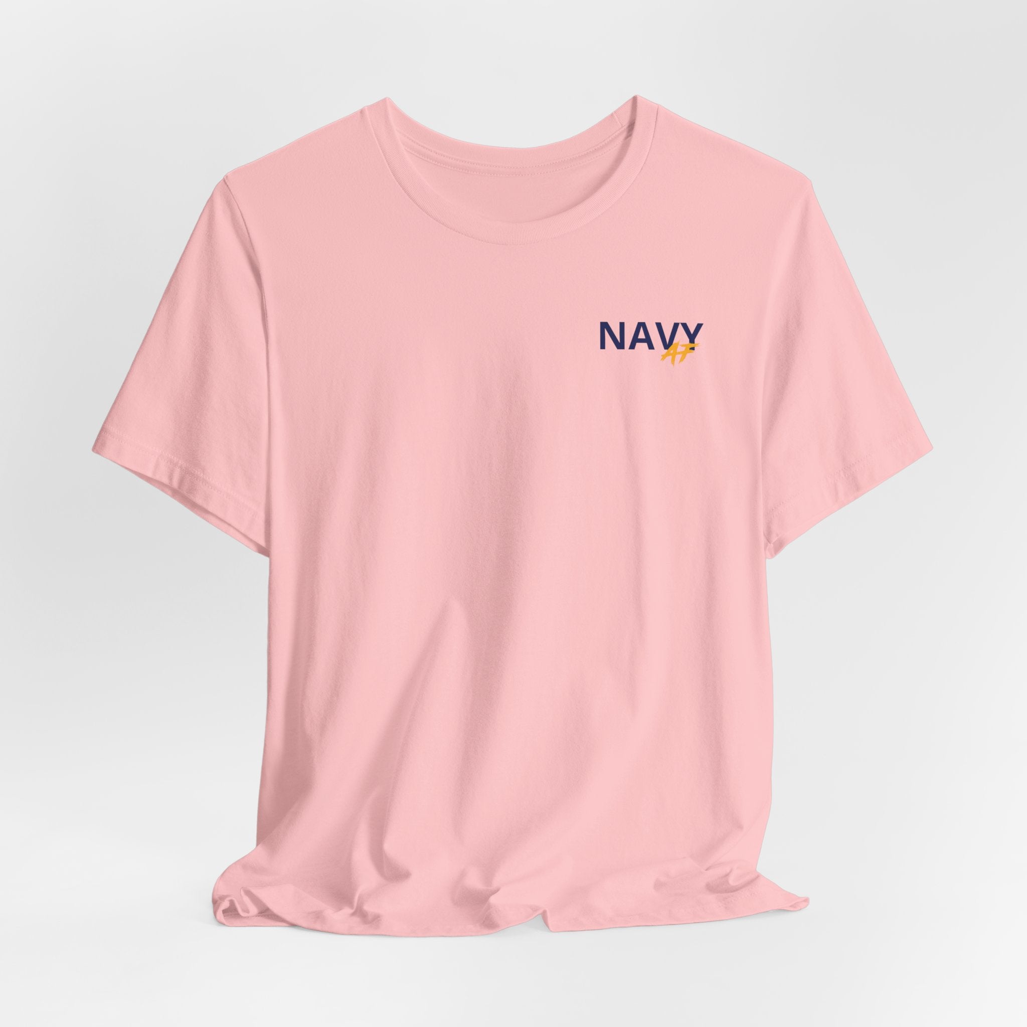 Navy veteran T-shirt in Pink shown draped with the personalized NAVY chest print