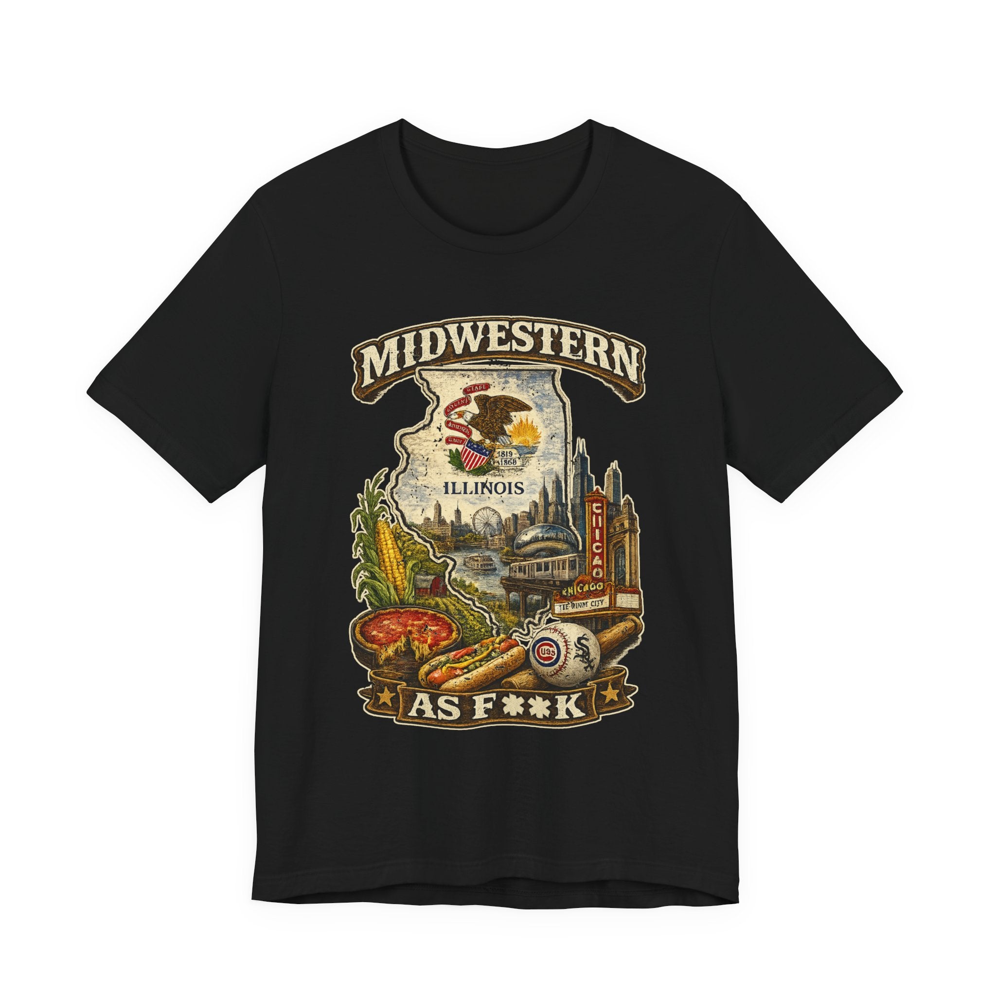 Slightly Salty Midwestern As F**K Illinois T-Shirt in Black – a distressed vintage design featuring the Illinois state outline overlaid with the state flag, surrounded by the Chicago skyline, the Chicago Theatre sign, The Bean, deep-dish pizza, a Chicago-style hot dog, and towering corn fields