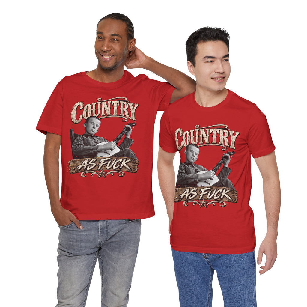 Two men side by side in Red Country As Fuck tees, front prints showing