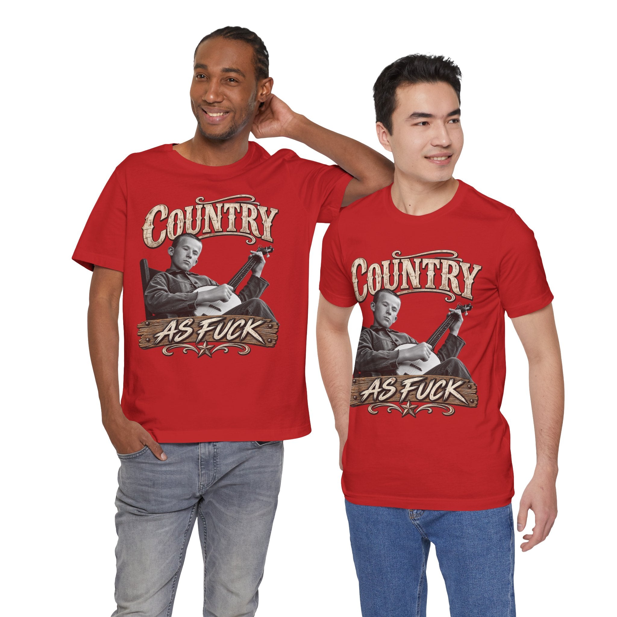 Two men side by side in Red Country As Fuck tees, front prints showing