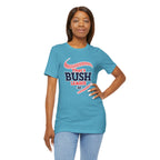 Second model wearing the Heather Aqua Bush League AF baseball tee, front graphic shown