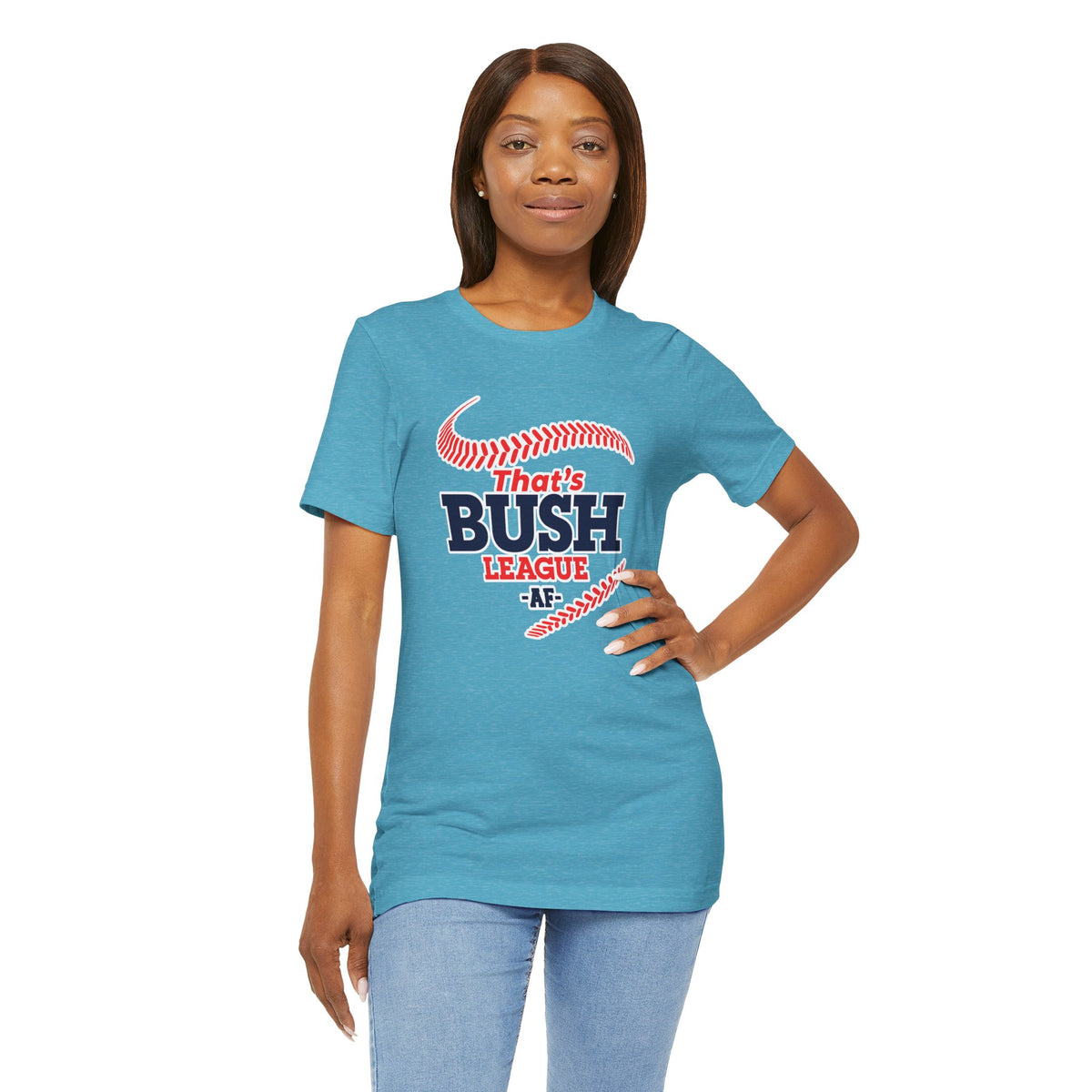 Second model wearing the Heather Aqua Bush League AF baseball tee, front graphic shown