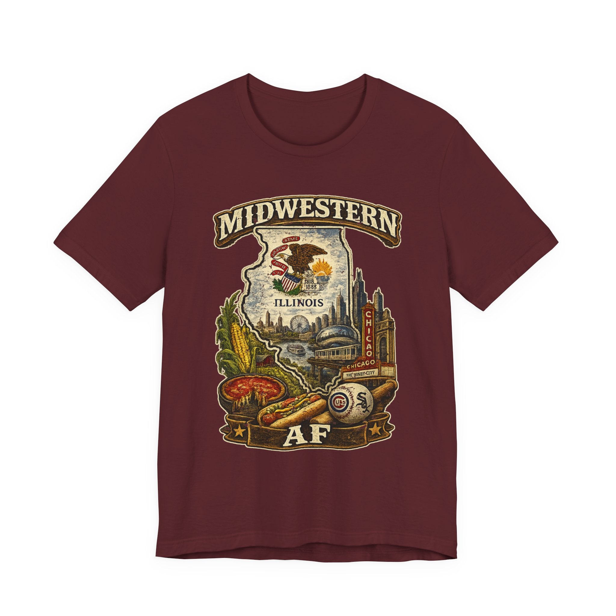 Family Friendly Midwestern AF Illinois T-Shirt in Maroon – a distressed vintage design featuring the Illinois state outline overlaid with the state flag, surrounded by the Chicago skyline, the Chicago Theatre sign, The Bean, deep-dish pizza, a Chicago-style hot dog, and towering corn fields
