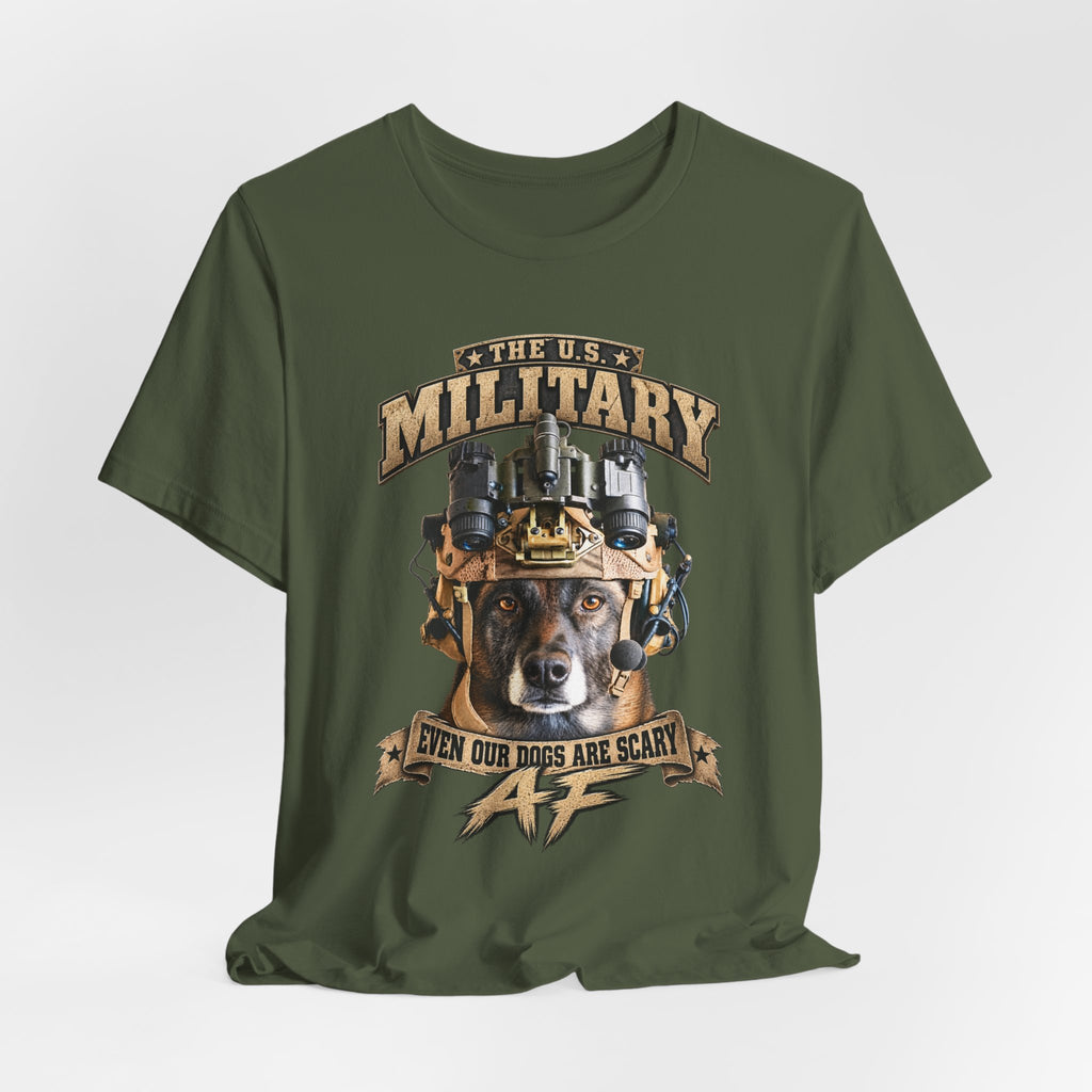 Military K-9 T-shirt in Military Green shown draped with the working dog front print