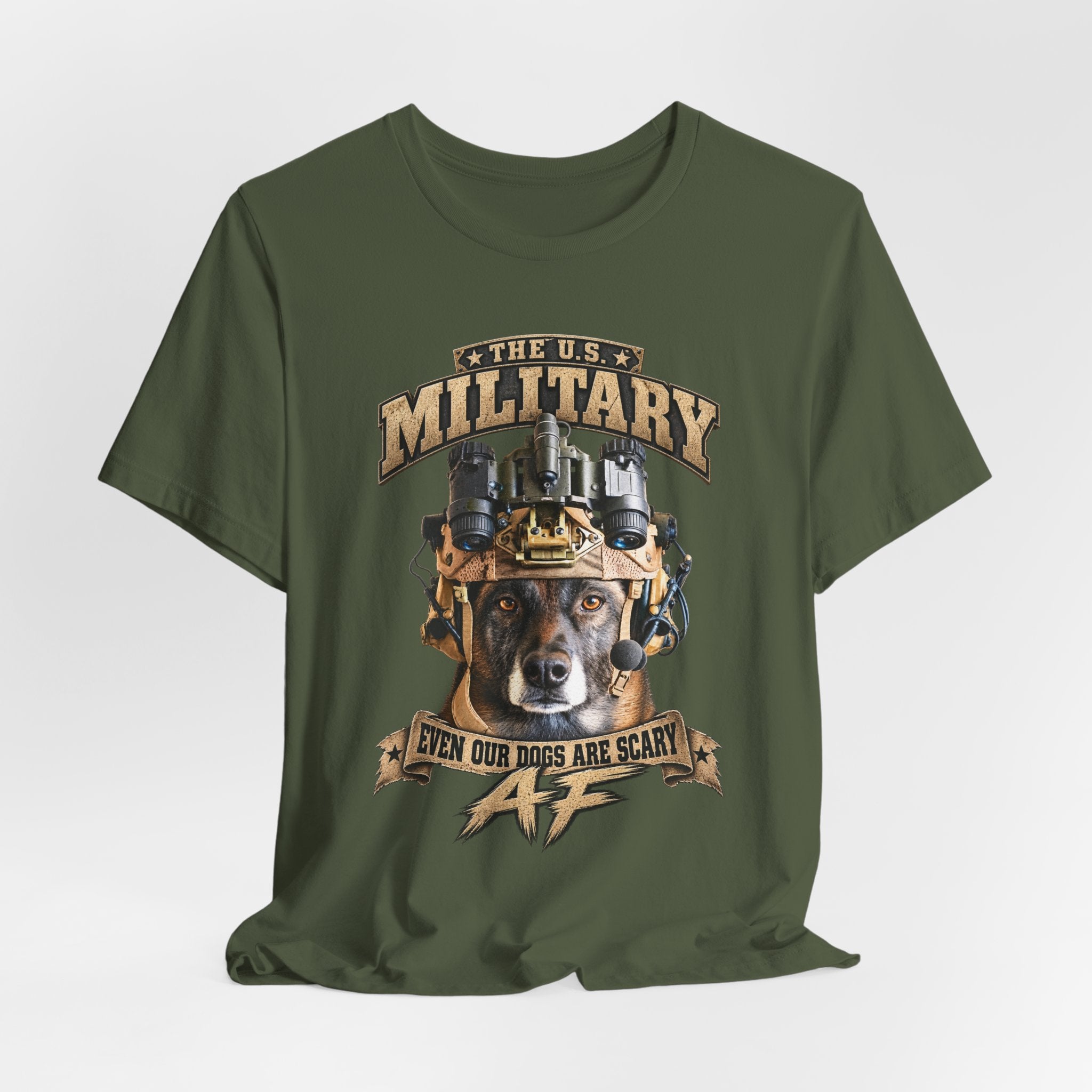 Military K-9 T-shirt in Military Green shown draped with the working dog front print
