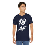 Man wearing the navy 18 AF birthday t-shirt, front view