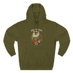 Family Friendly Midwestern AF Illinois Hoodie in Army Green – a distressed vintage design featuring the Illinois state outline overlaid with the state flag, surrounded by the Chicago skyline, the Chicago Theatre sign, The Bean, deep-dish pizza, a Chicago-style hot dog, and towering corn fields
