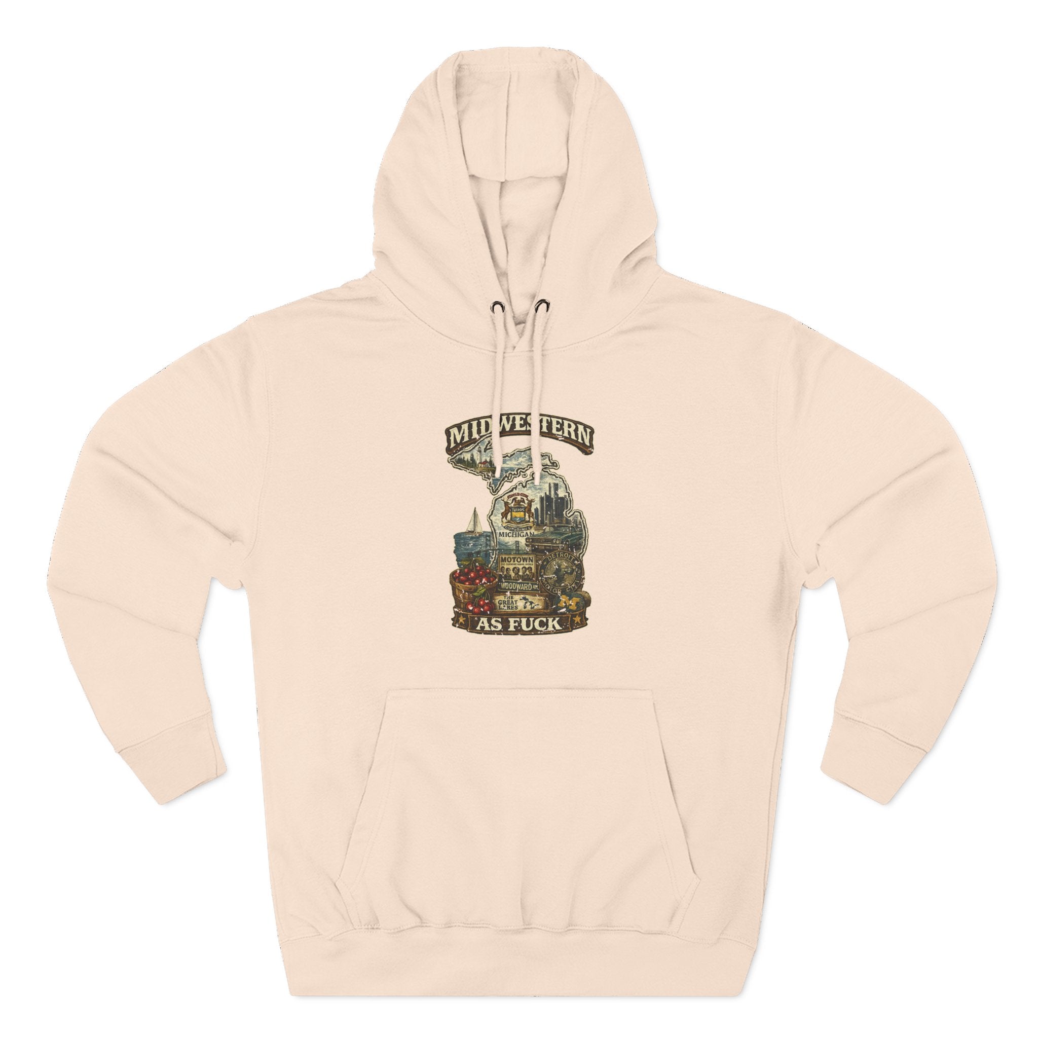 Midwestern As Fuck Michigan Hoodie in Pale Pink – a distressed vintage design featuring Michigan's Upper and Lower Peninsulas overlaid with the state outline, surrounded by Detroit's skyline, Woodward Avenue, the Great Lakes, and Traverse City cherries