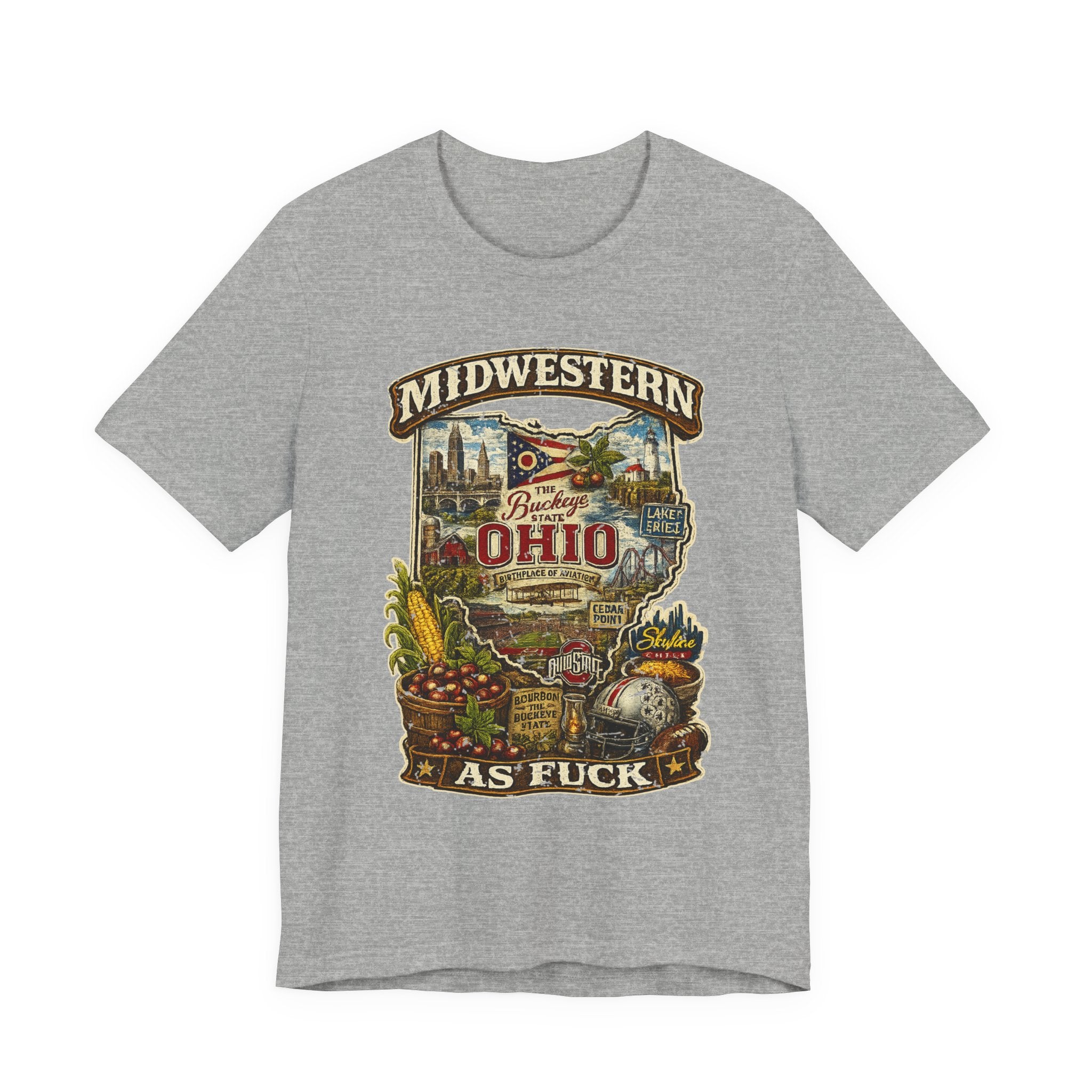 Ohio Midwestern As Fuck t-shirt in heather grey laid flat, vintage Buckeye State Ohio graphic design