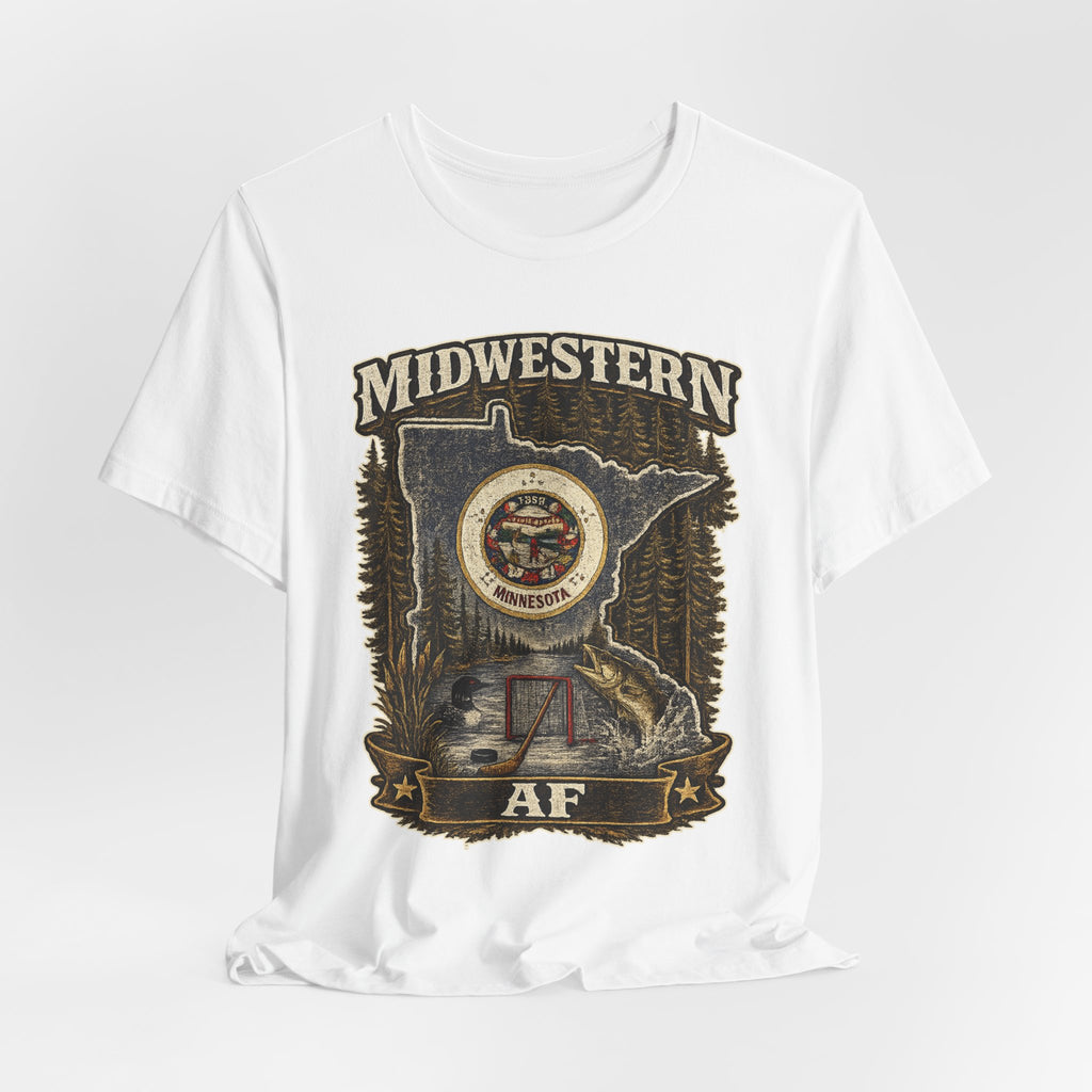 Family Friendly Midwestern AF Minnesota T-Shirt – product photo 23 featuring the distressed state flag, pine trees, loon and walleye design