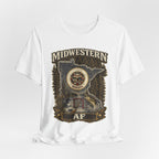 Family Friendly Midwestern AF Minnesota T-Shirt – product photo 23 featuring the distressed state flag, pine trees, loon and walleye design