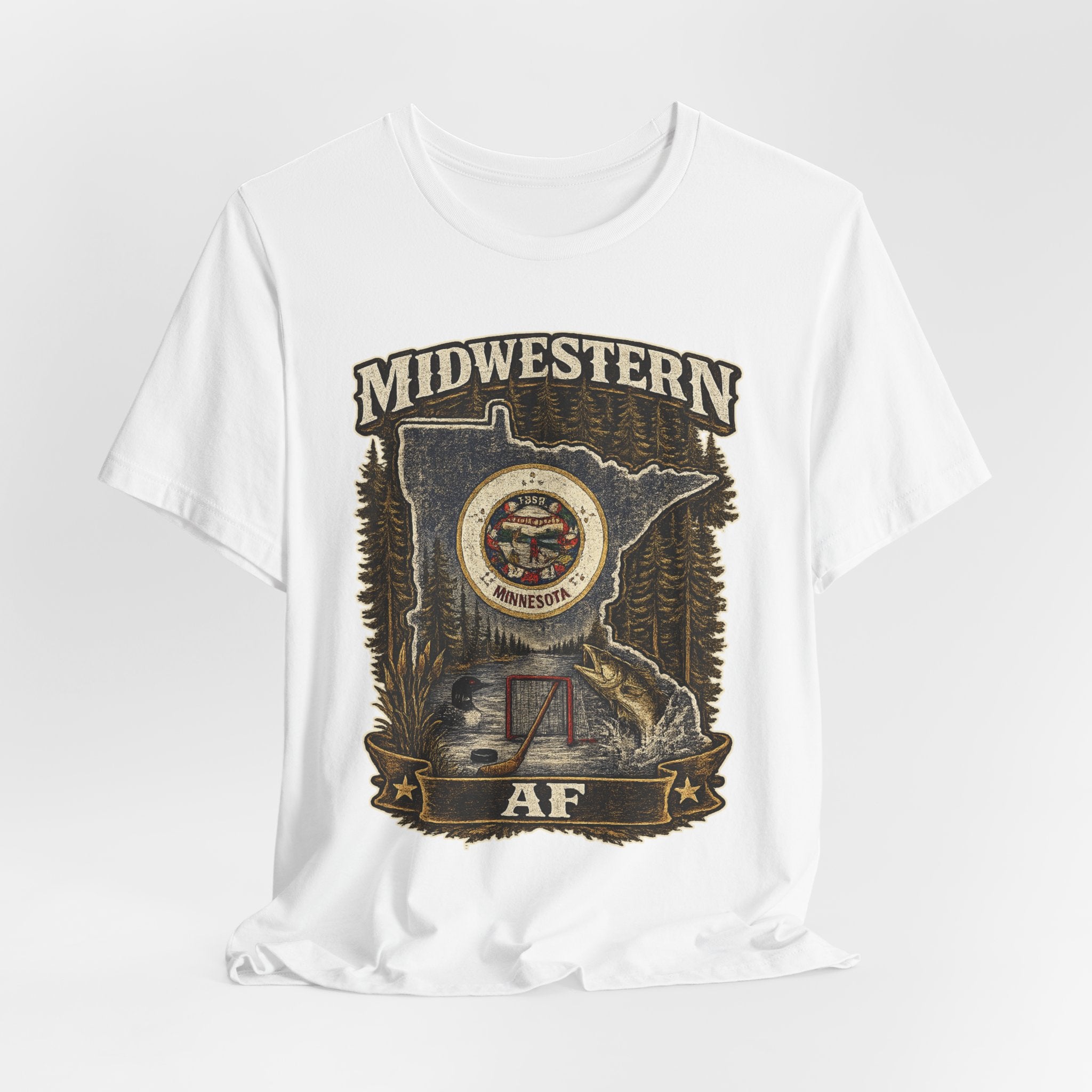 Family Friendly Midwestern AF Minnesota T-Shirt – product photo 23 featuring the distressed state flag, pine trees, loon and walleye design