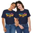 Navy t-shirts worn by two female models, front view, showing graffiti-style Brooklyn AF lettering over a skyline.