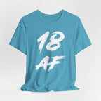 Heather Aqua tee laid flat and slightly rumpled, white 18 AF brush graphic