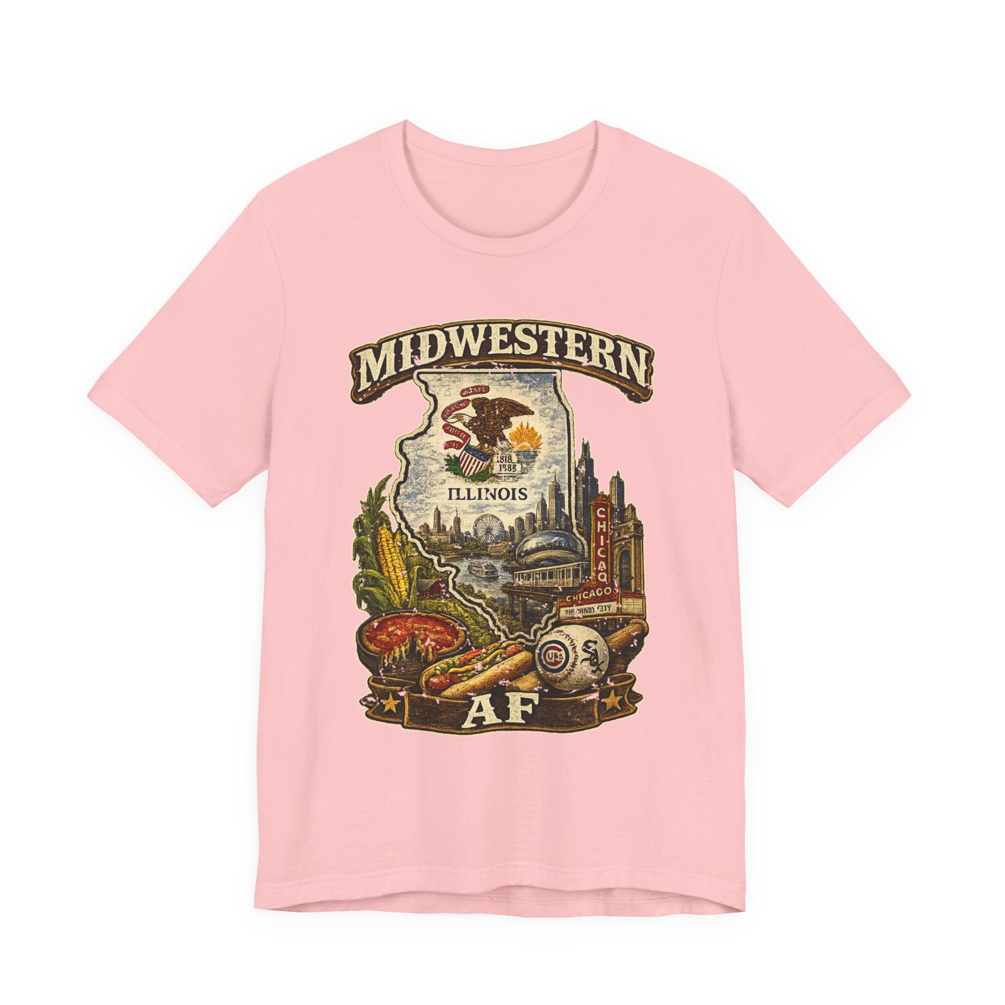 Family Friendly Midwestern AF Illinois T-Shirt in Pink – a distressed vintage design featuring the Illinois state outline overlaid with the state flag, surrounded by the Chicago skyline, the Chicago Theatre sign, The Bean, deep-dish pizza, a Chicago-style hot dog, and towering corn fields