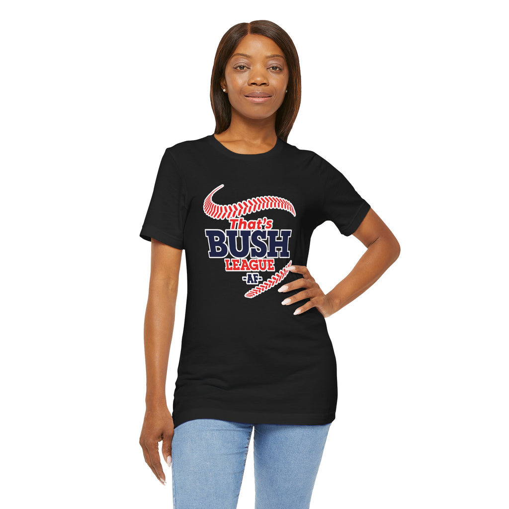 Woman wearing the Black Bush League AF baseball tee, hand on hip