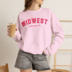 Woman holding an iced coffee in the Light Pink Midwest sweatshirt, Columbus, OH print