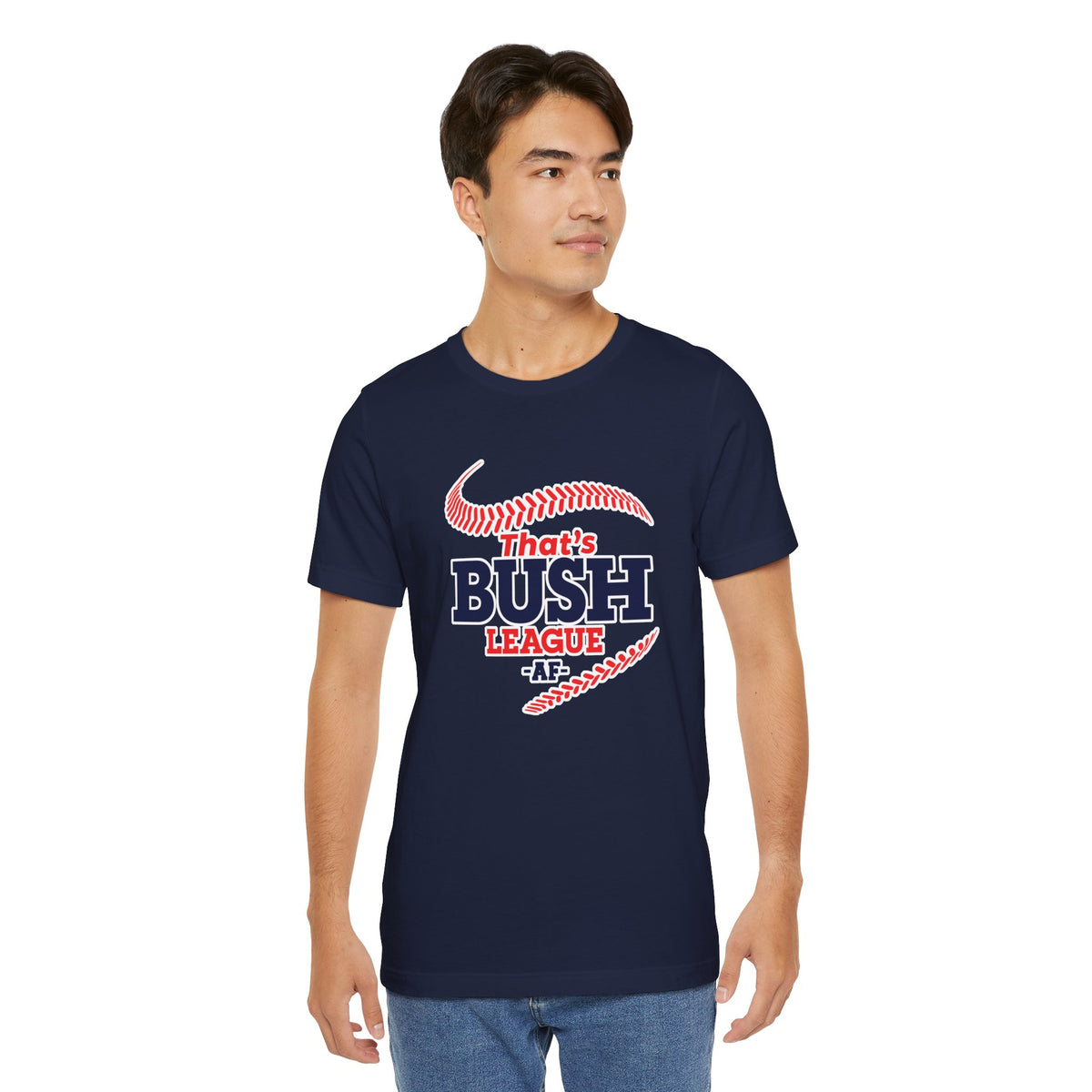 Man wearing the Navy Bush League AF tee, white lettering and red stitching on the chest