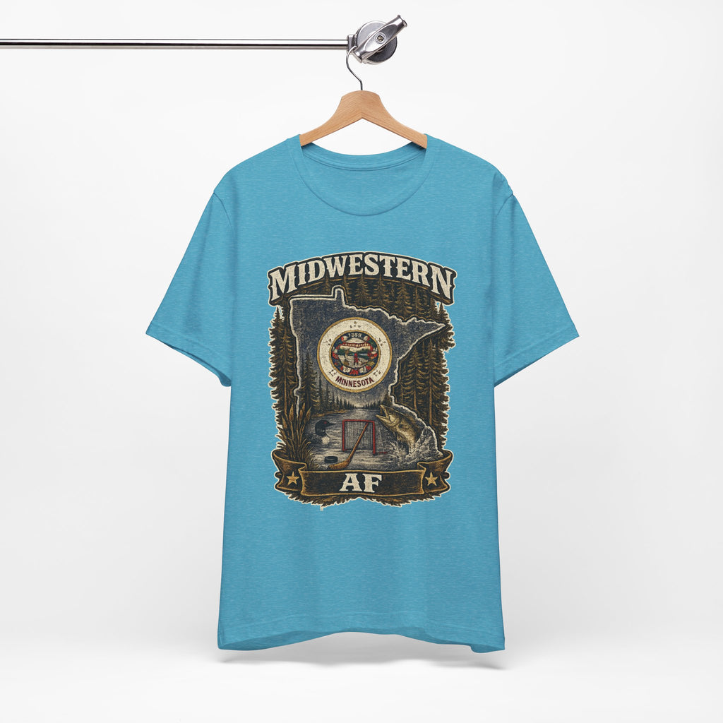 Family Friendly Midwestern AF Minnesota T-Shirt – product photo 12 featuring the distressed state flag, pine trees, loon and walleye design