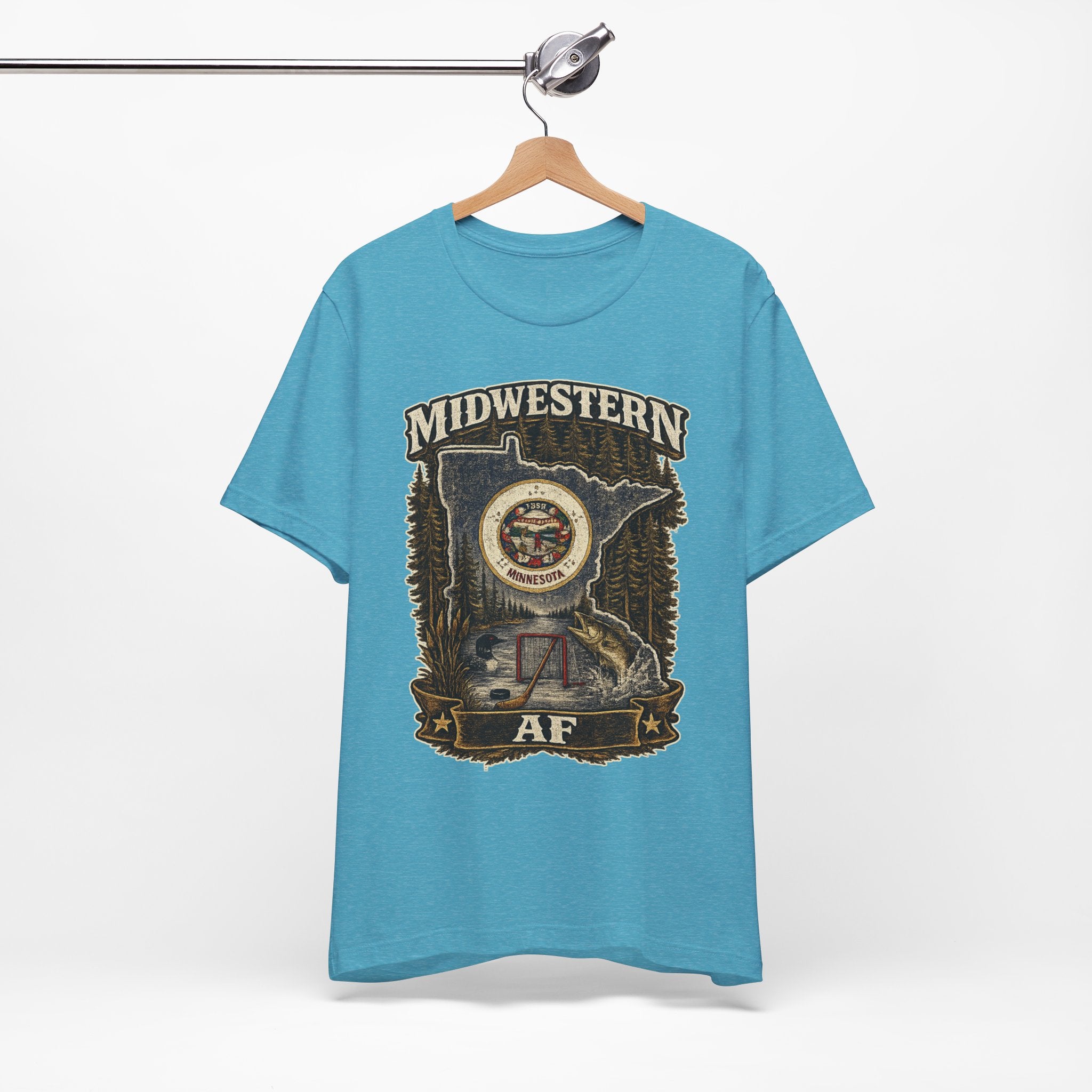 Family Friendly Midwestern AF Minnesota T-Shirt – product photo 12 featuring the distressed state flag, pine trees, loon and walleye design
