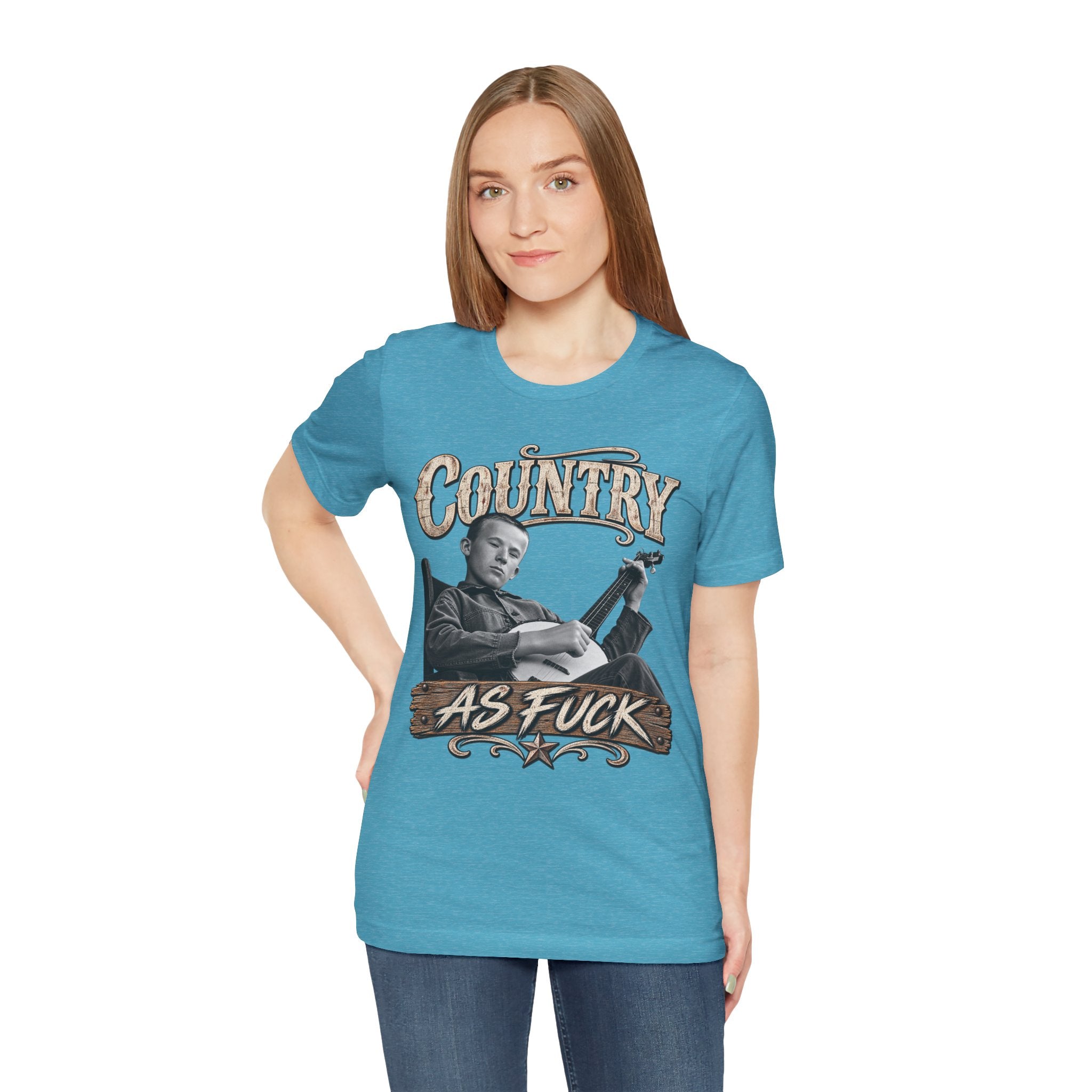 Woman in the Heather Aqua Country As Fuck tee, banjo front print showing