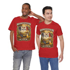 Midwestern As Fuck Iowa T-Shirt – product photo 3 featuring a distressed vintage design featuring the outline of Iowa overlaid with the Iowa state flag, surrounded by towering corn stalks, rolling farmland, a classic red barn, a windmill, a tractor, and an overflowing harvest basket