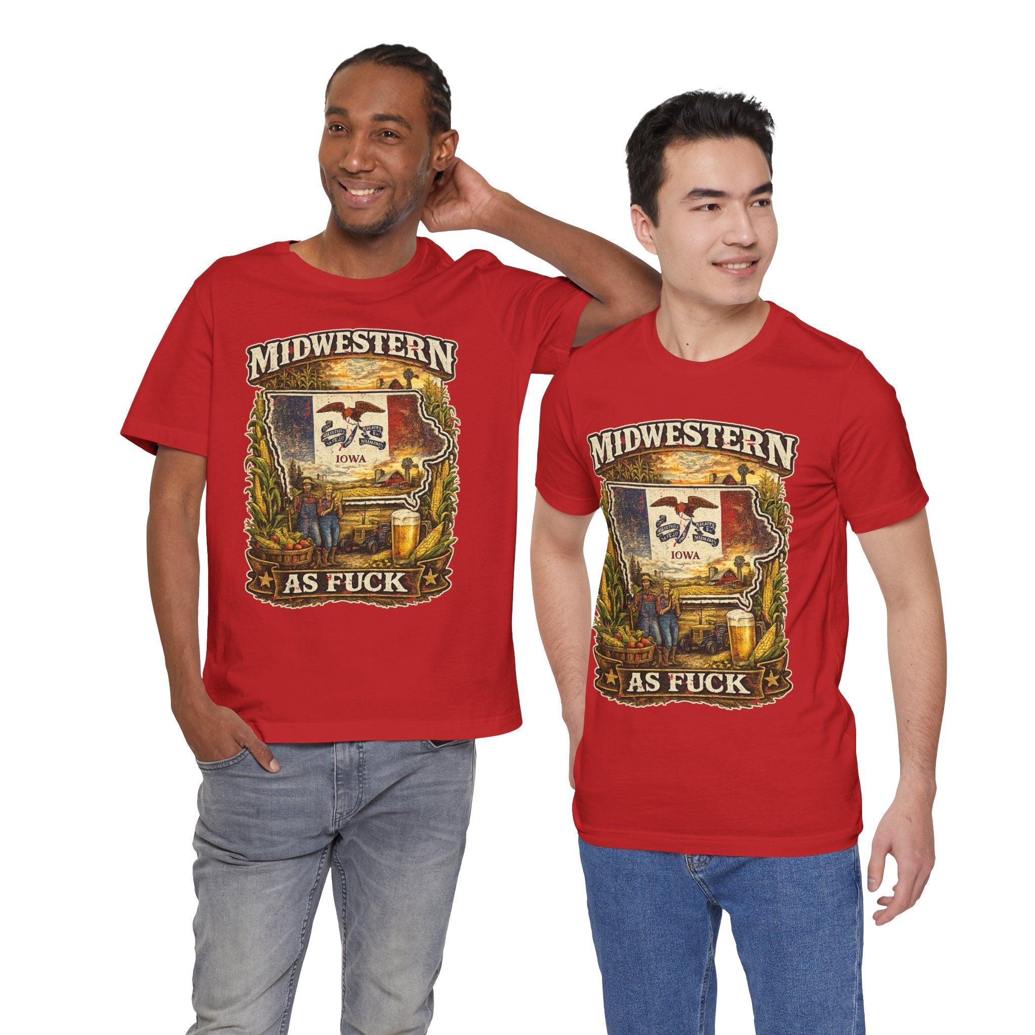 Midwestern As Fuck Iowa T-Shirt – product photo 3 featuring a distressed vintage design featuring the outline of Iowa overlaid with the Iowa state flag, surrounded by towering corn stalks, rolling farmland, a classic red barn, a windmill, a tractor, and an overflowing harvest basket