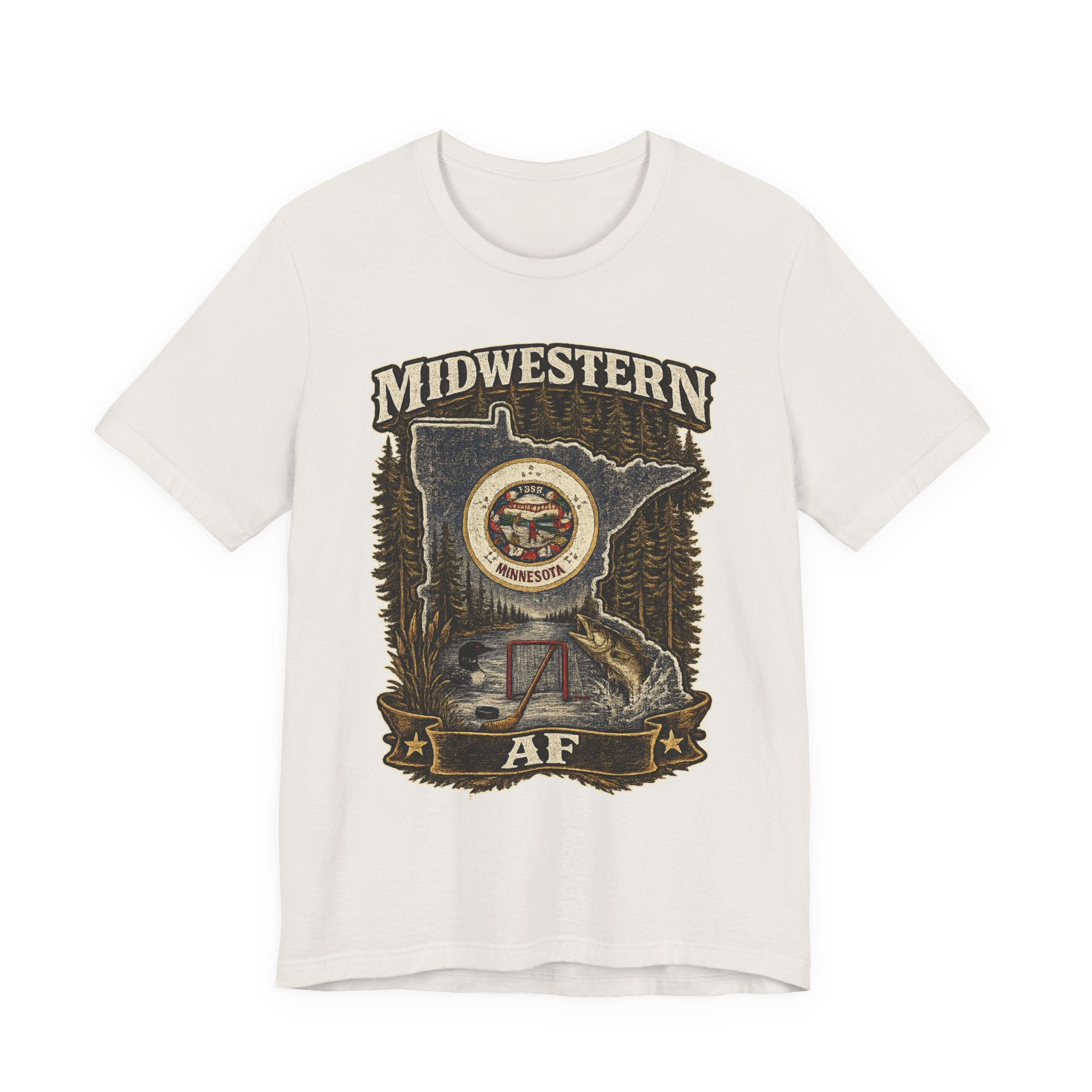 Family Friendly Midwestern AF Minnesota T-Shirt in Vintage White – distressed Minnesota state flag design with pine trees, loon and walleye